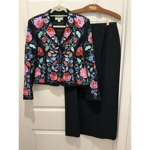 John Meyer Of Norwich Vintage Skirt Suit Size 12 Embroidered Floral Design L/S